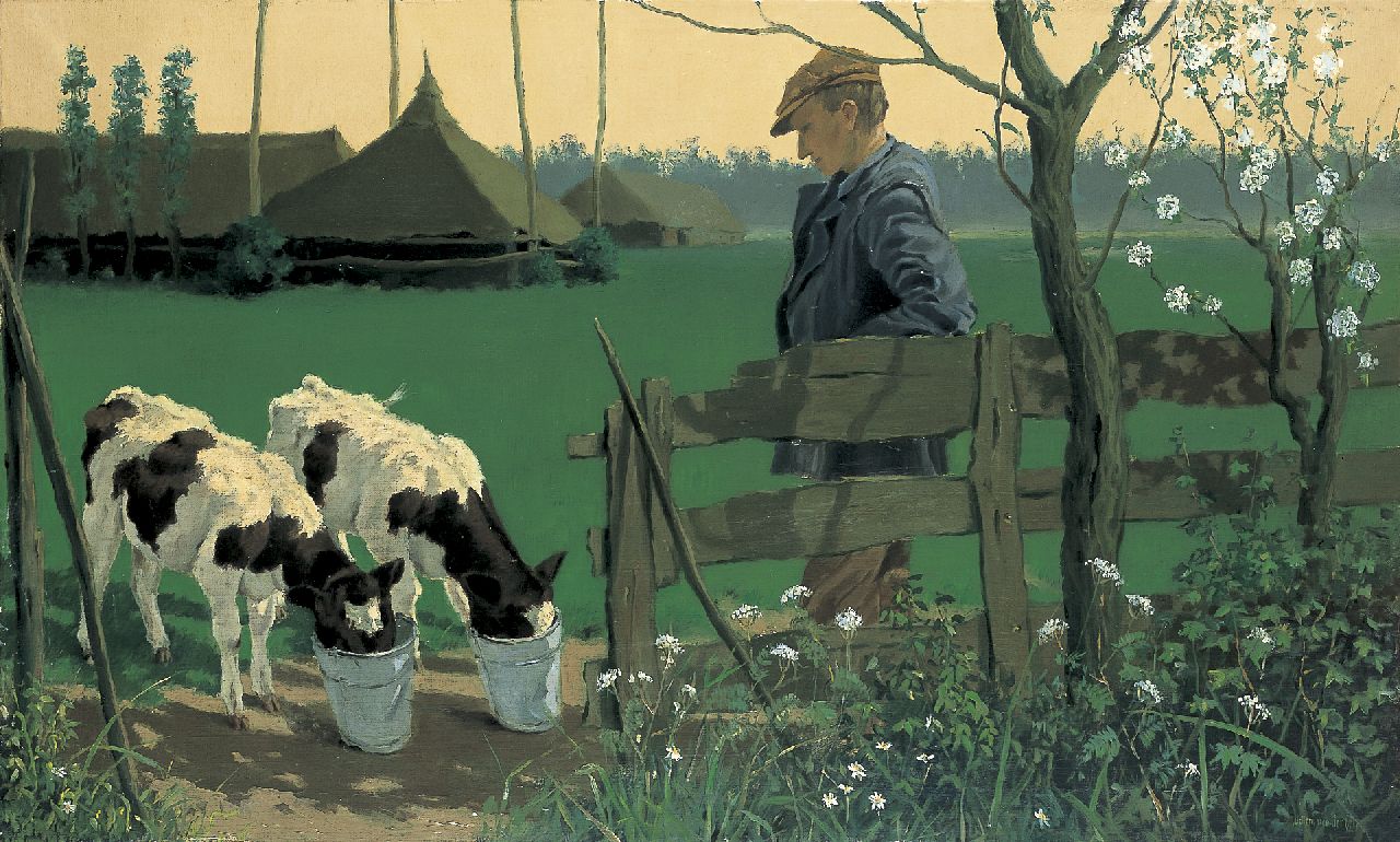 Ven W. van der | Willem van der Ven, Feeding the calfs, oil on canvas 60.3 x 100.0 cm, signed l.r.