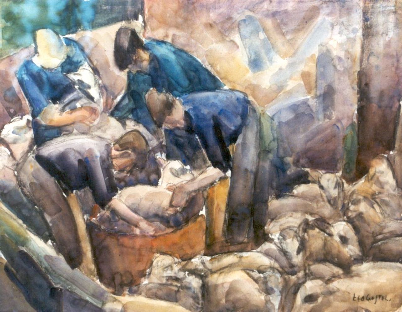 Gestel L.  | Leendert 'Leo' Gestel, Sheepshearers, charcoal and watercolour on paper 47.4 x 61.5 cm, signed l.r. and painted circa 1926