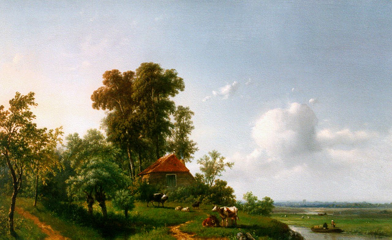 Vrolijk J.A.  | Jacobus 'Adriaan' Vrolijk, An extensive landscape in summer, oil on panel 47.9 x 67.4 cm, signed l.l.
