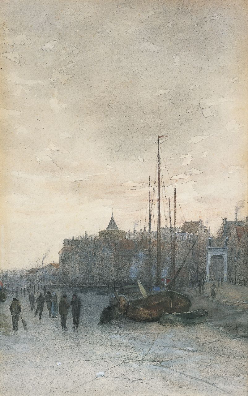 Neuhuys J.H.  | Joseph Hendrikus 'Jozef' Neuhuys, Skaters on the river IJssel, Kampen, watercolour on paper 45.1 x 28.6 cm, signed l.r.