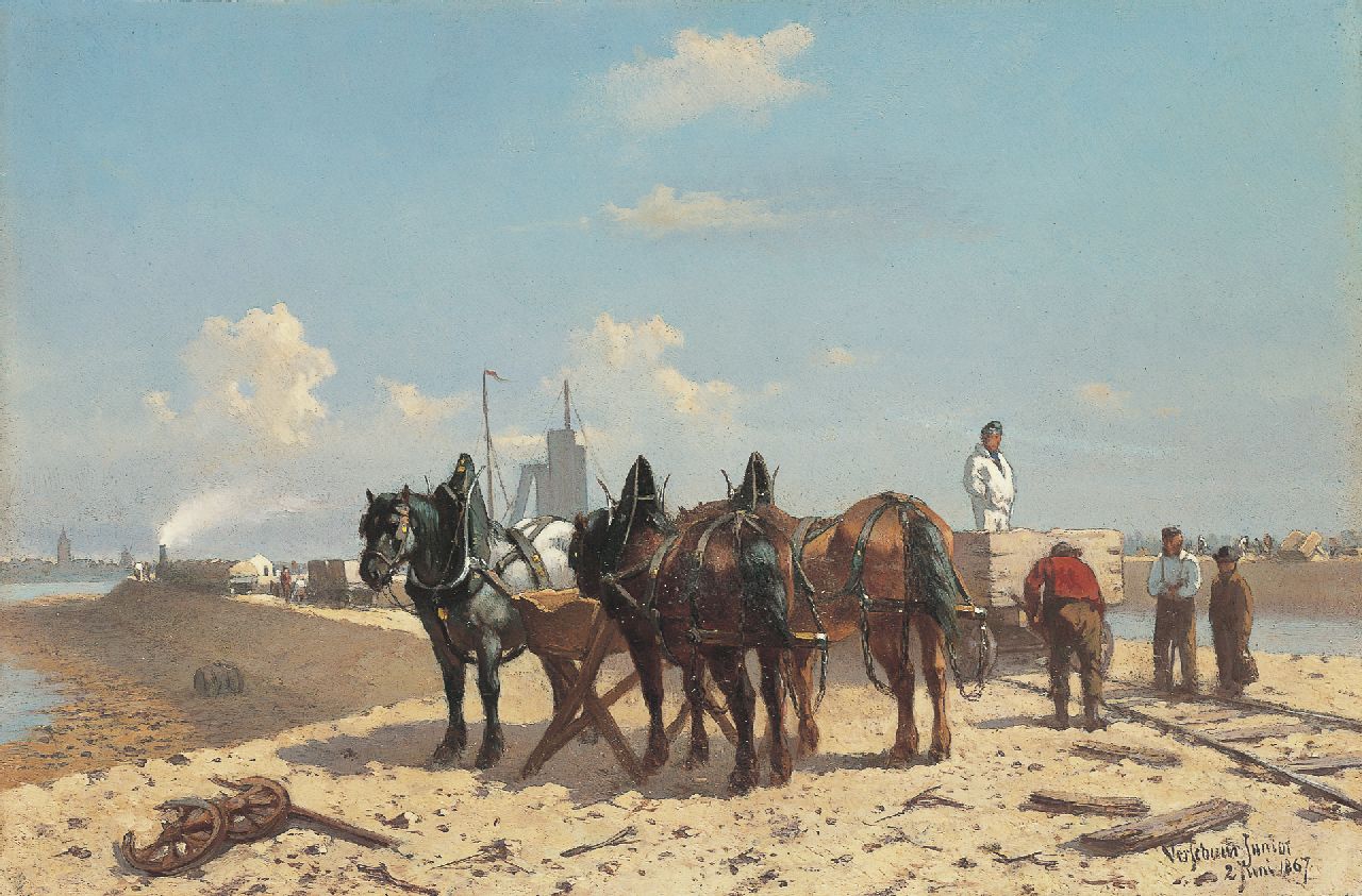 Verschuur jr. W.  | Wouter Verschuur jr., The construction of the Noordzeekanal, oil on panel 17.8 x 26.8 cm, signed l.r. and dated 2 juni 1867