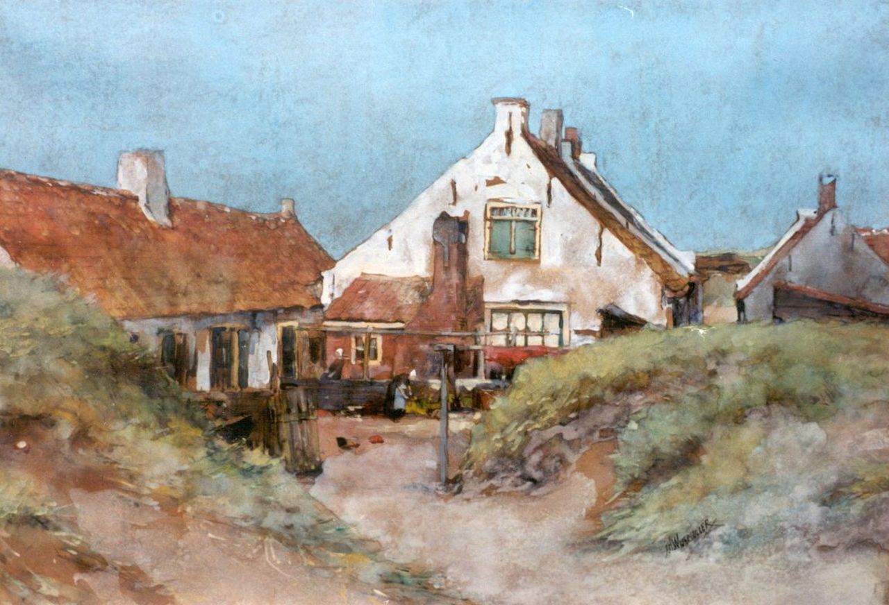 Wijsmuller J.H.  | Jan Hillebrand Wijsmuller, Houses in the dunes,Katwijk aan Zee, black chalk and watercolour on paper 39.7 x 55.3 cm, signed l.r.