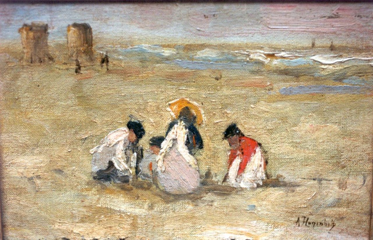Hugenholtz A.  | Arina Hugenholtz, Children playing on the beach, oil on canvas laid down on panel 13.5 x 22.5 cm, signed l.r.