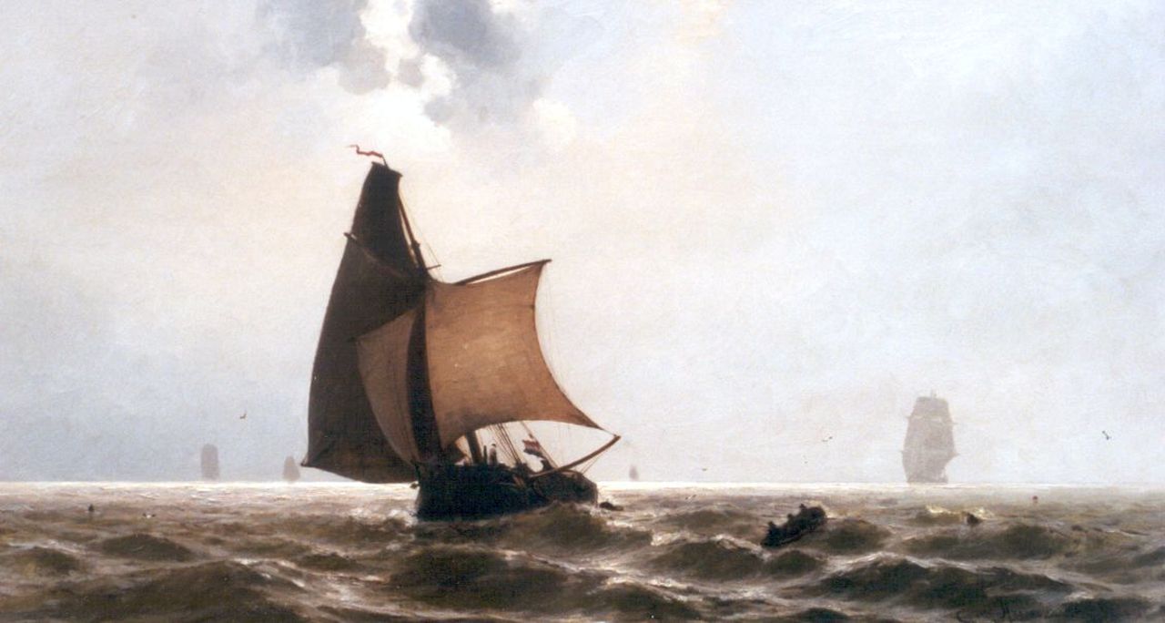 Heemskerck van Beest J.E. van | Jacob Eduard van Heemskerck van Beest, Sailing Vessels at Sea, oil on panel 50.7 x 92.0 cm, signed l.r.