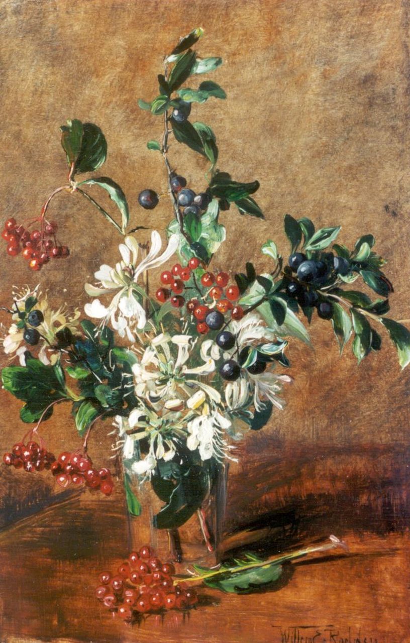 Roelofs jr. W.E.  | Willem Elisa Roelofs jr., Fower still life with honeysuckle and berries, oil on panel 45.2 x 30.1 cm, signed l.r.