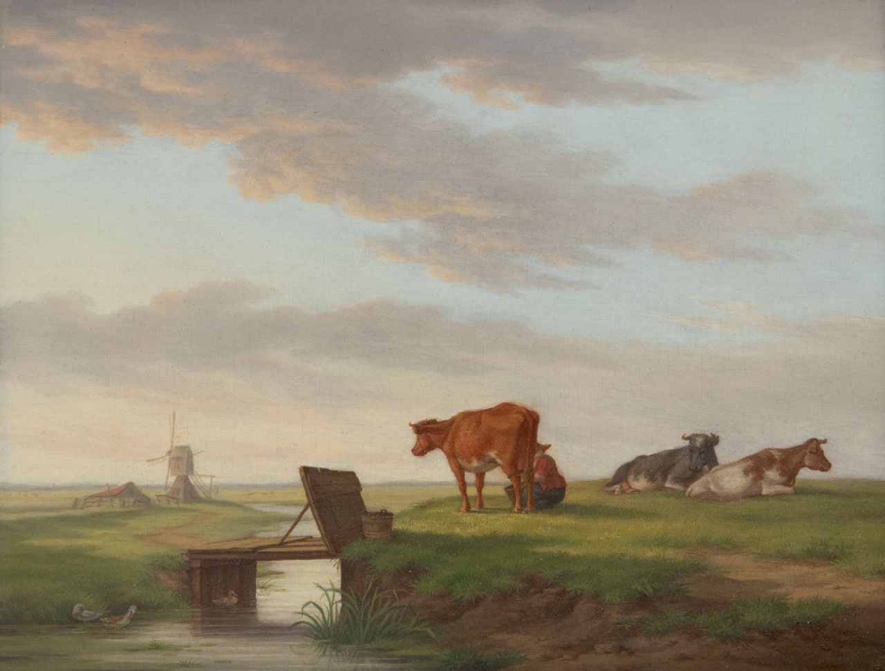 Burgh H.A. van der | Hendrik Adam van der Burgh | Paintings offered for sale | Cows in a landscape with a mill, oil on panel 20.4 x 26.3 cm, signed l.r. and painted 1821