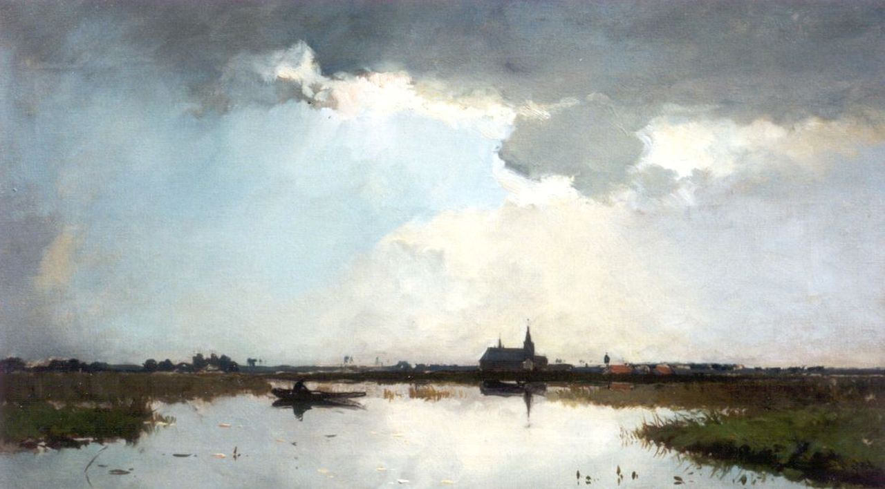 Weissenbruch W.J.  | 'Willem' Johannes Weissenbruch, River view with fisherman and a church in the distance, oil on canvas 35.4 x 60.3 cm, signed l.l.