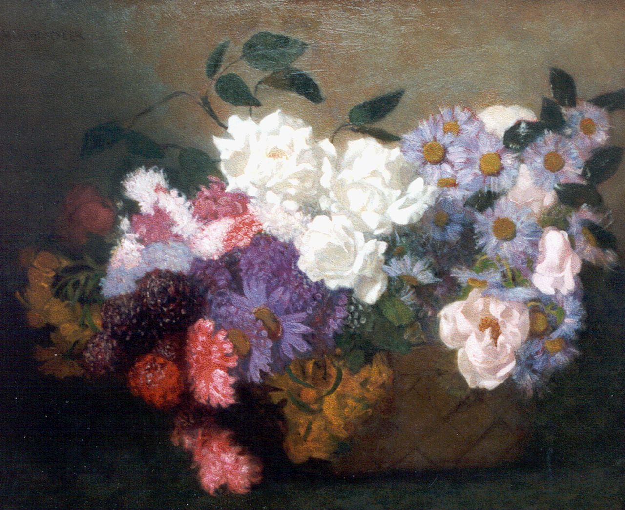 Wandscheer M.W.  | Maria Wilhelmina 'Marie' Wandscheer, A basket with flowers, oil on canvas 55.0 x 65.7 cm, signed u.l.