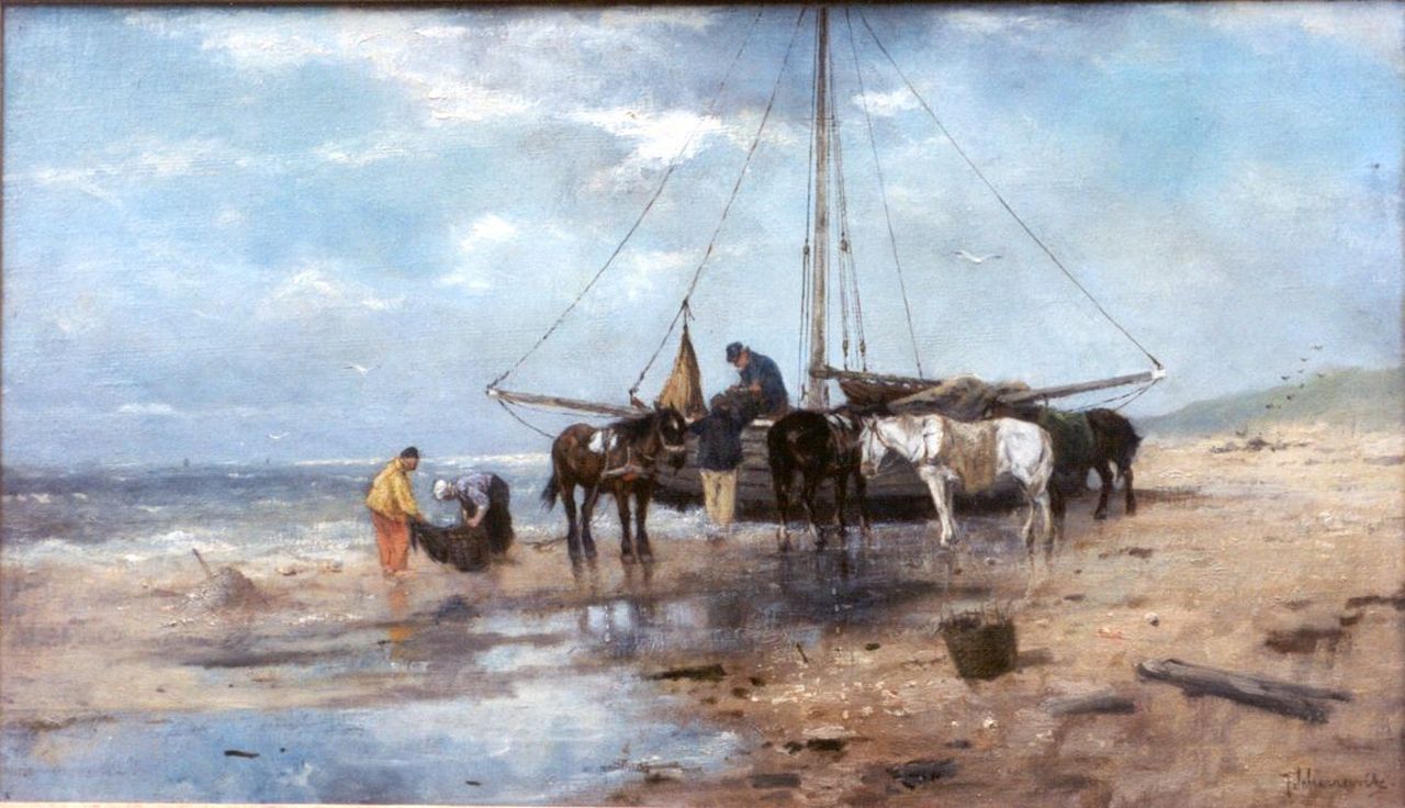 Scherrewitz J.F.C.  | Johan Frederik Cornelis Scherrewitz, Unloading the catch, oil on canvas 46.8 x 67.5 cm, signed l.r.