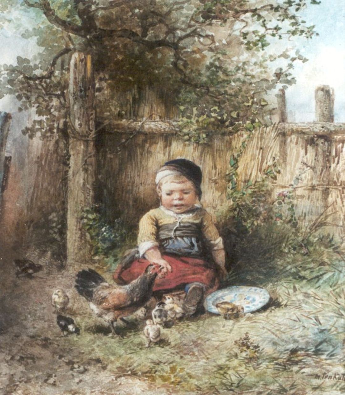 Kate J.M.H. ten | Johan 'Mari' Henri ten Kate, Feeding chickens, watercolour on paper 33.6 x 29.6 cm, signed l.r.