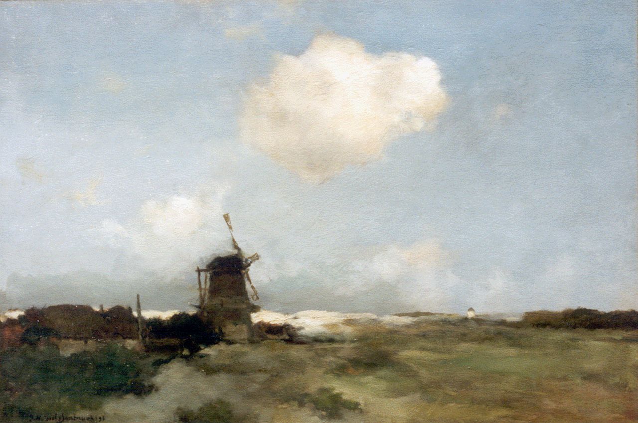 Weissenbruch H.J.  | Hendrik Johannes 'J.H.' Weissenbruch, A dune landscape with a windmill, oil on panel 42.4 x 62.0 cm, signed l.l. and dated '96