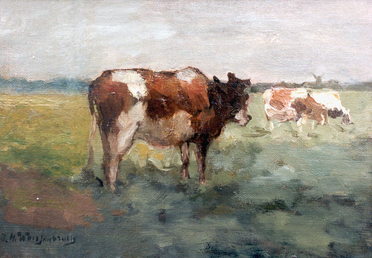 Weissenbruch H.J.  | Hendrik Johannes 'J.H.' Weissenbruch, Cows in a meadow, oil on canvas laid down on panel 17.0 x 24.0 cm, signed l.l.
