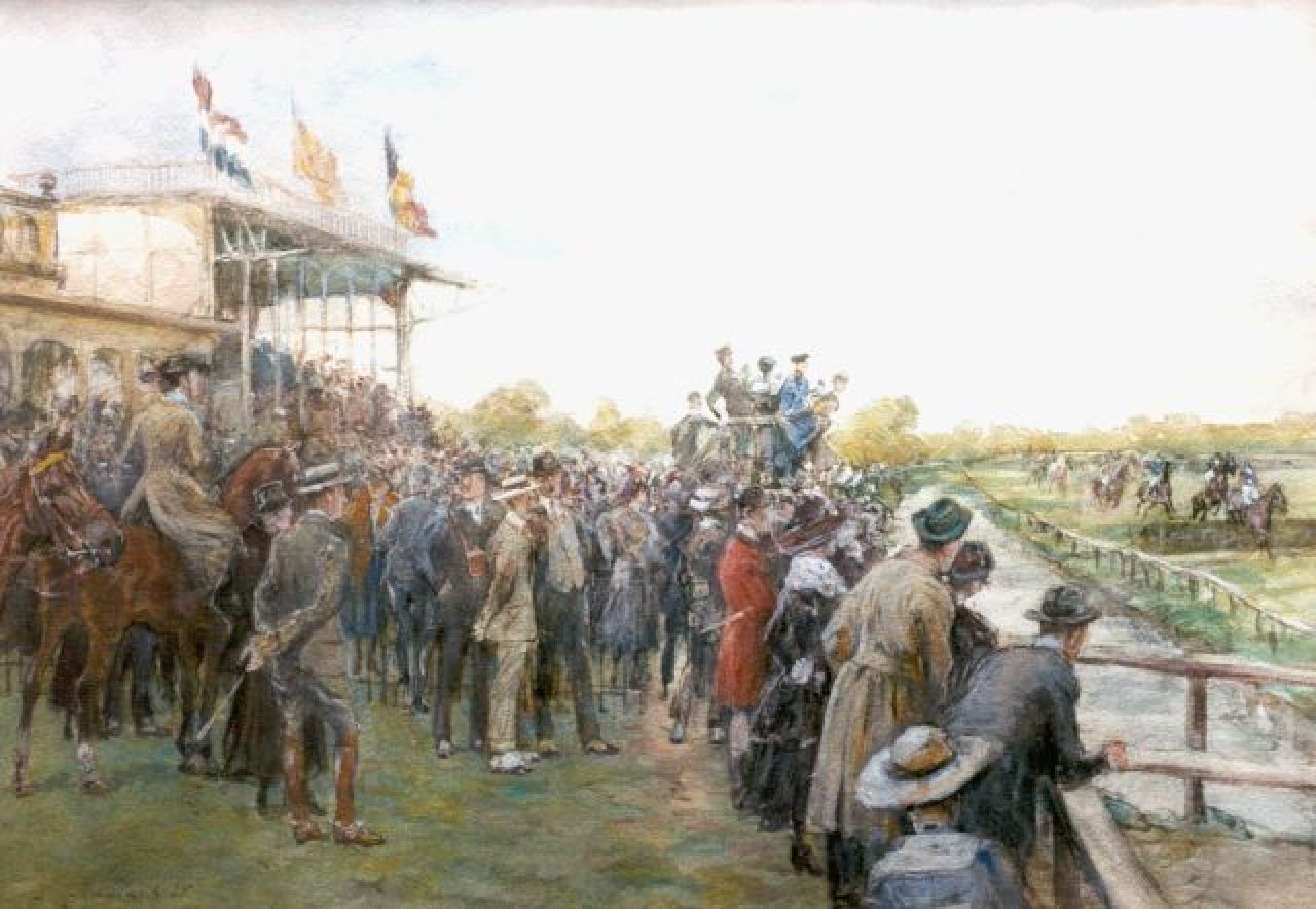 Hoynck van Papendrecht J.  | Jan Hoynck van Papendrecht, Horseraces, Duindigt, watercolour on paper 43.3 x 60.0 cm, signed l.l.