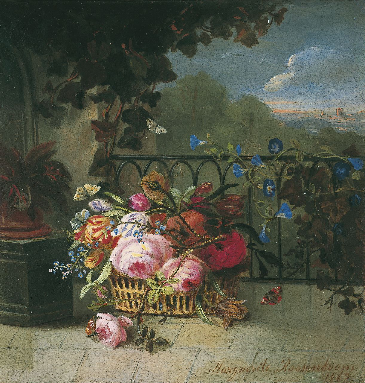 Roosenboom M.C.J.W.H.  | 'Margaretha' Cornelia Johanna Wilhelmina Henriëtta Roosenboom, Flowers in a basket, oil on panel 15.0 x 14.3 cm, signed l.r. and dated 1863