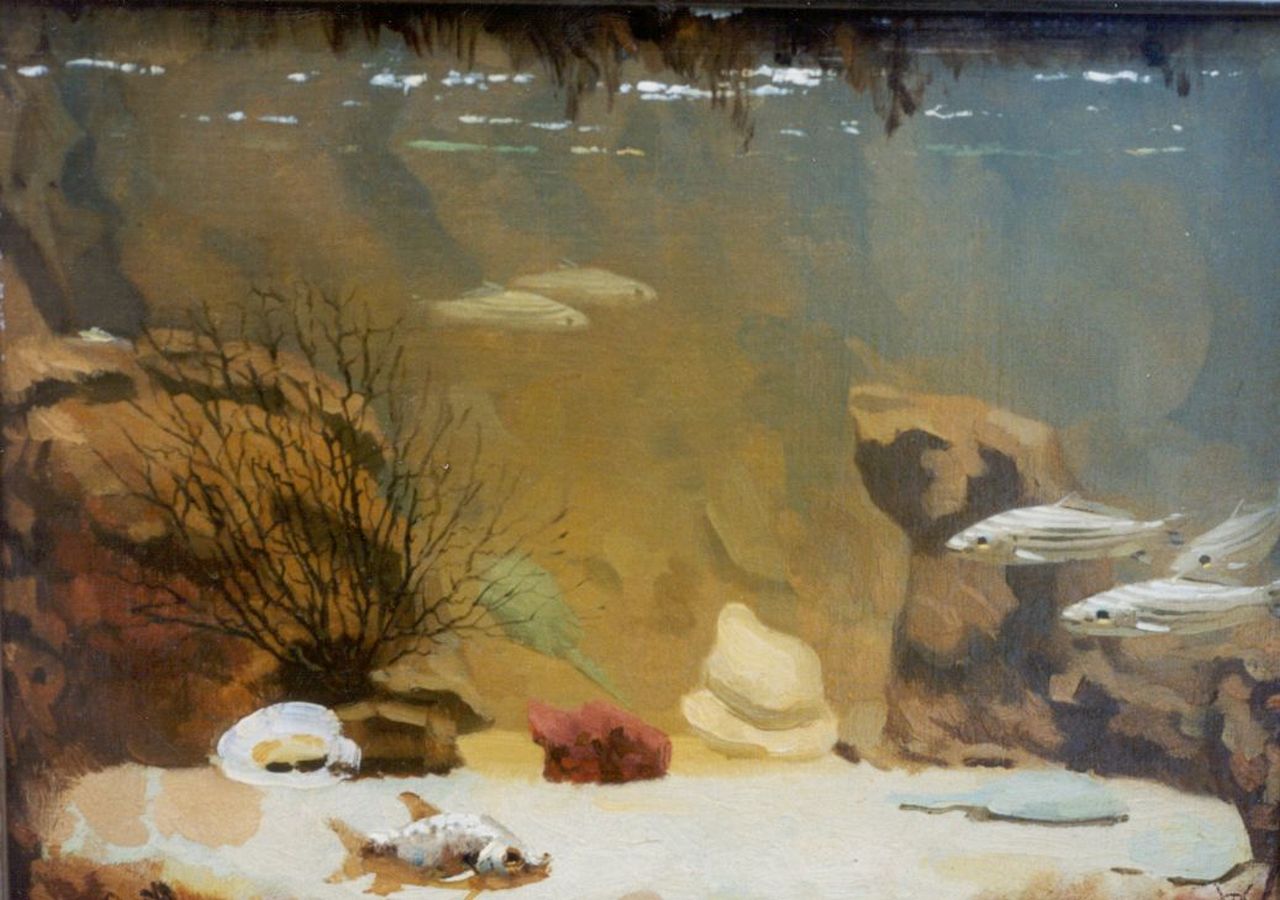 Dijsselhof G.W.  | Gerrit Willem Dijsselhof, An aquarium, oil on canvas laid down on painter's board 26.3 x 34.7 cm, signed l.r. with monogram