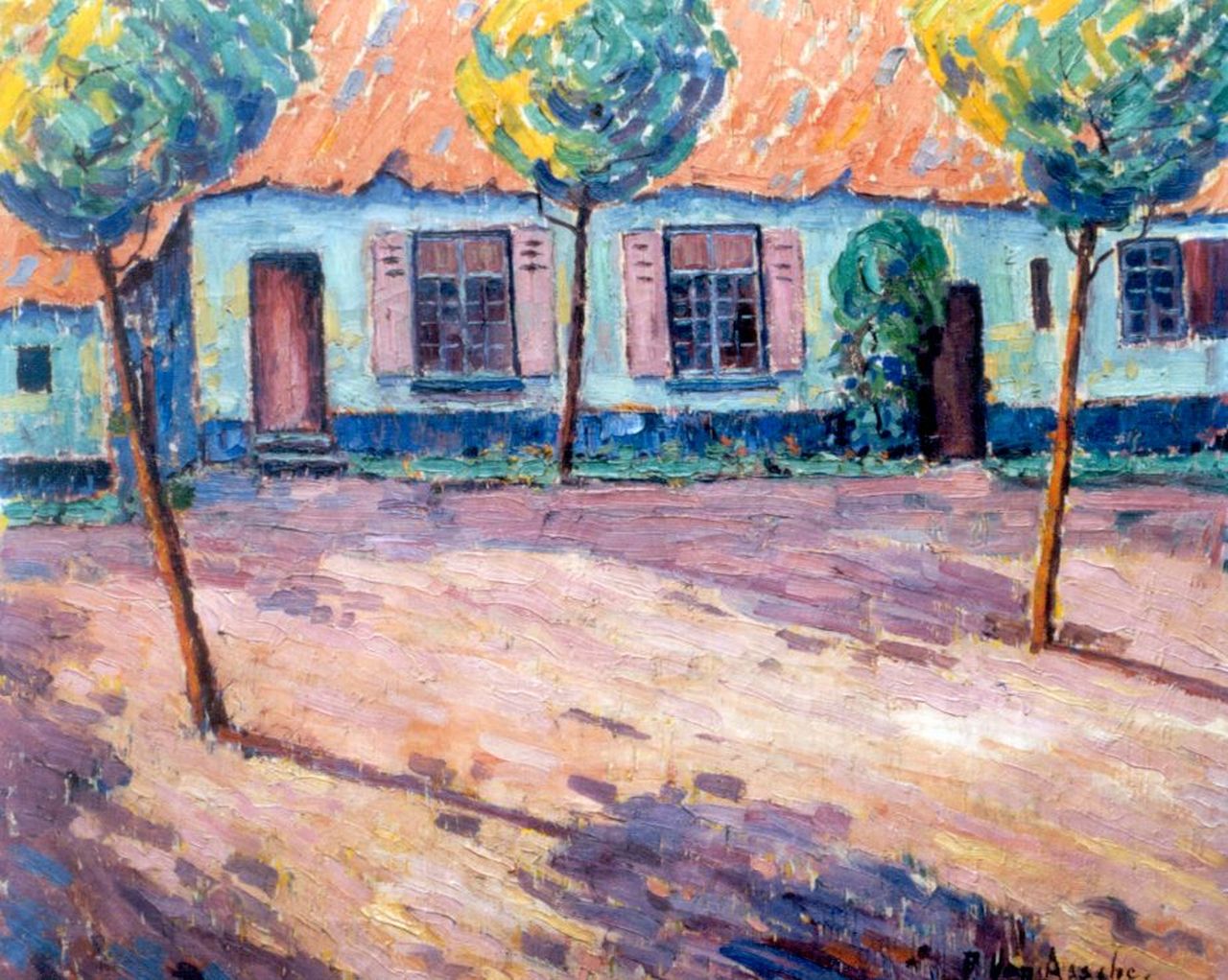 Assche P. van | Petrus van Assche, Sunlit houses, oil on canvas 75.3 x 90.0 cm, signed l.r.