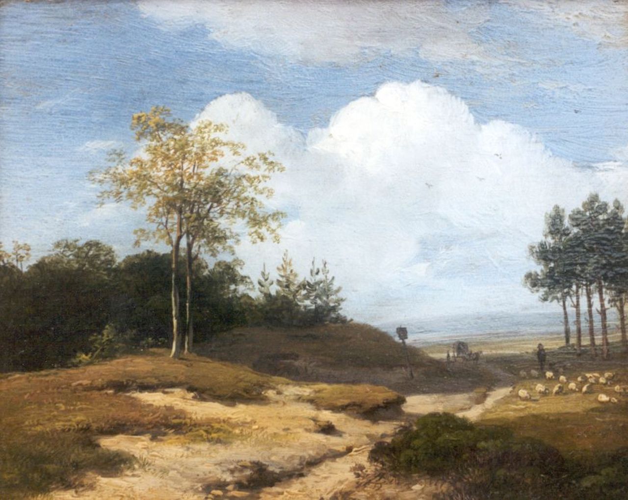 Schelfhout A.  | Andreas Schelfhout, A summer landscape with a shepherd and his flock, oil on panel 12.8 x 16.0 cm, signed l.l.