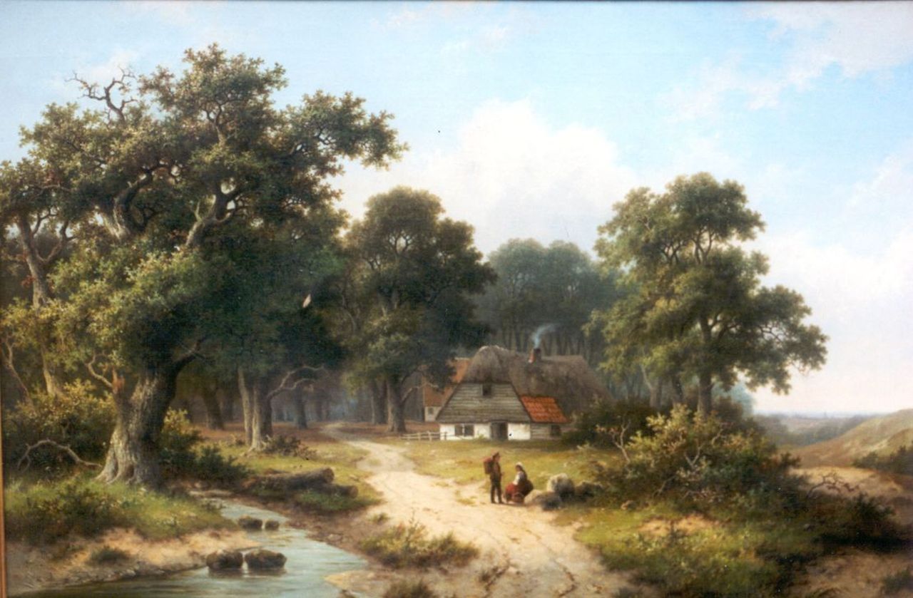 Koekkoek P.H.  | Pieter Hendrik 'H.P.' Koekkoek, Country people resting by a stream on the edge of a forest, oil on canvas 66.8 x 99.4 cm, signed l.r.