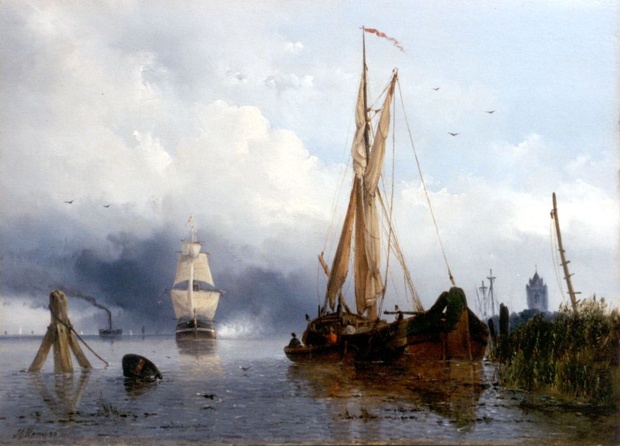 Hans J.G.  | Josephus Gerardus Hans, Sailing vessels by a jetty, oil on panel 34.2 x 47.4 cm, signed l.l. and dated '50