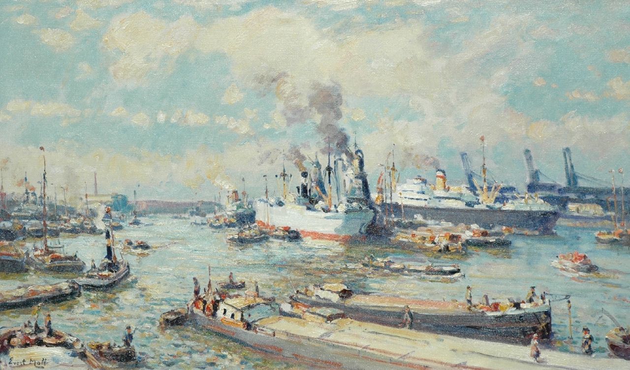 Moll E.  | Evert Moll, A harbour view, Rotterdam, oil on canvas 60.2 x 100.2 cm, signed l.l.