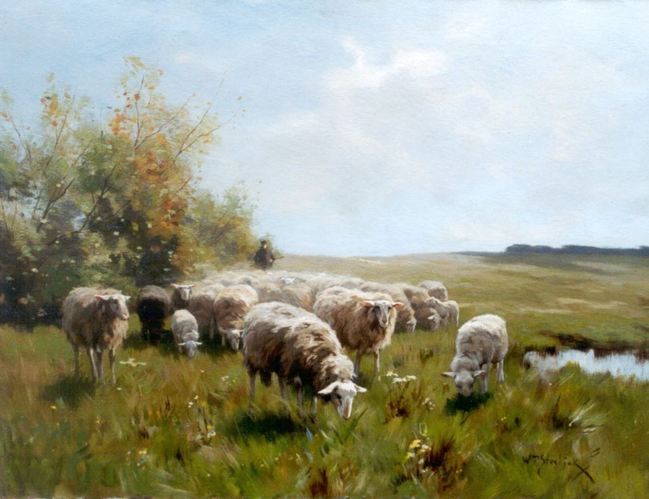 Steelink jr. W.  | Willem Steelink jr., A shepherd with his flock, oil on canvas 51.2 x 66.5 cm, signed l.r.
