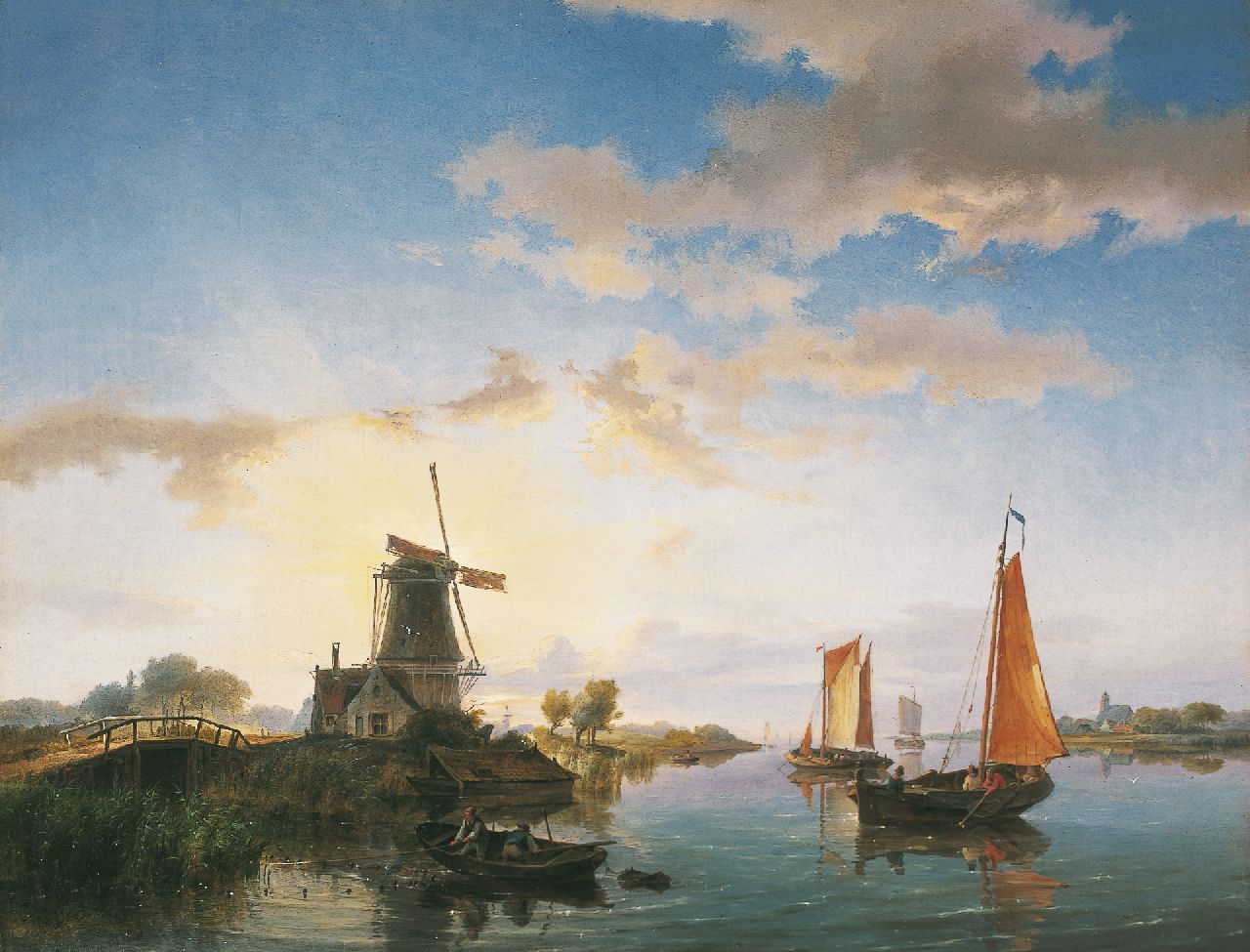 Koekkoek H.  | Hermanus Koekkoek, A river landscape at sunset, oil on canvas 40.5 x 52.3 cm, signed l.l. and on a label on the reverse and dated 1845