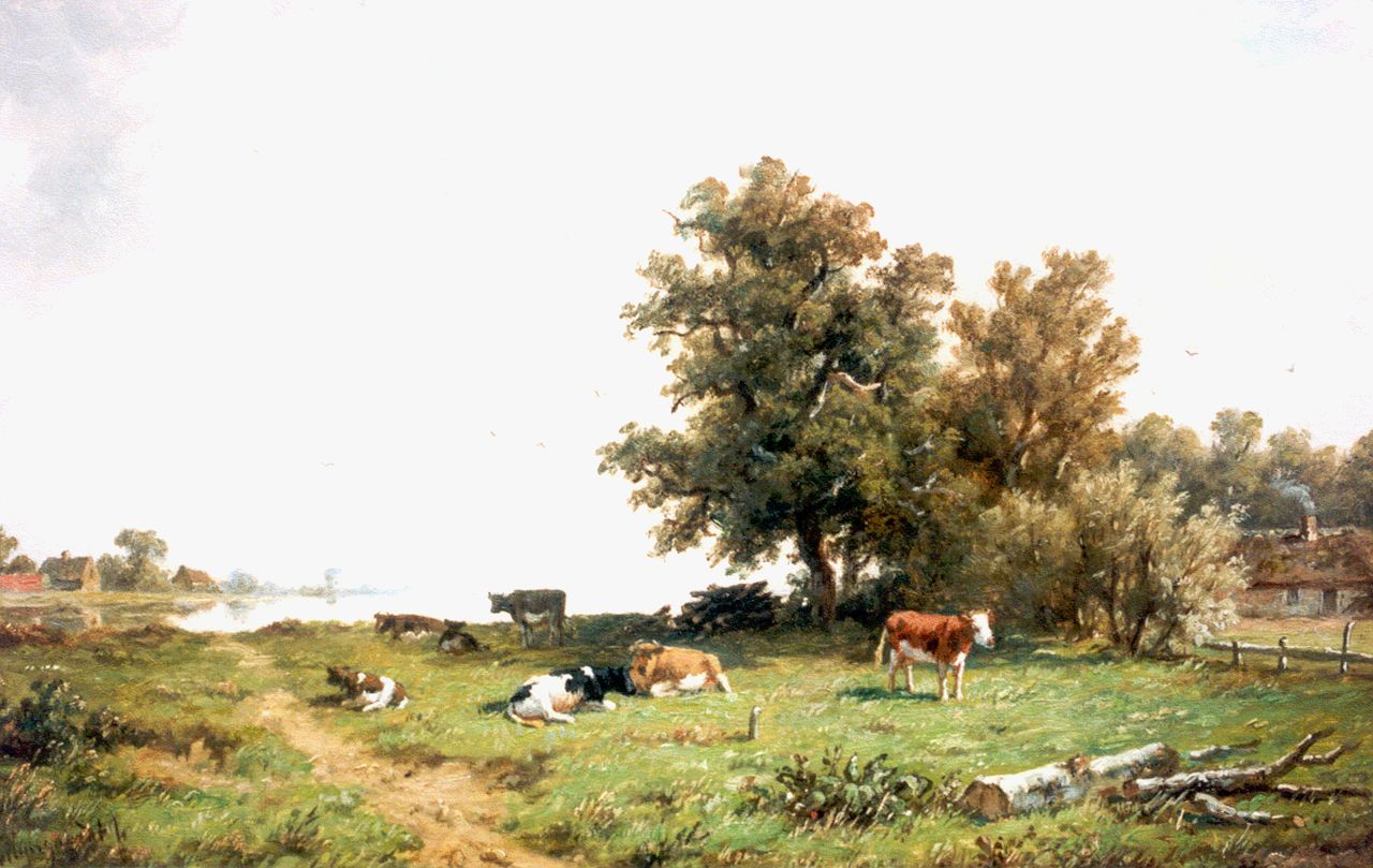 Wijngaerdt A.J. van | Anthonie Jacobus van Wijngaerdt, Cattle in a meadow, oil on canvas 33.0 x 48.0 cm, signed l.l.