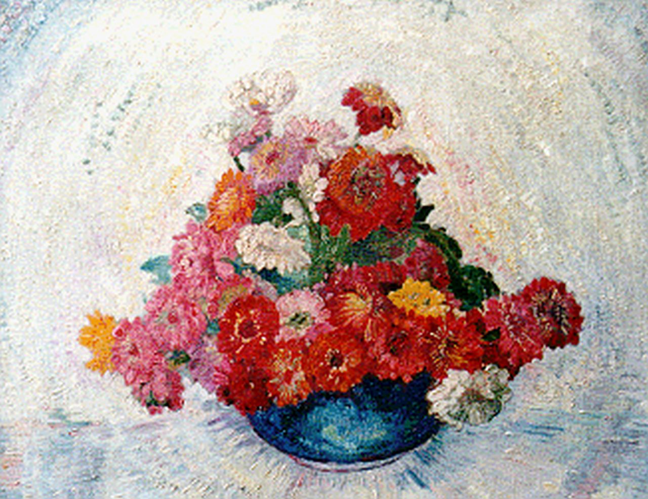 Doeser J.J.  | 'Jacobus' Johannes Doeser, Zinnias in a vase, oil on canvas 55.0 x 68.2 cm, signed l.r.