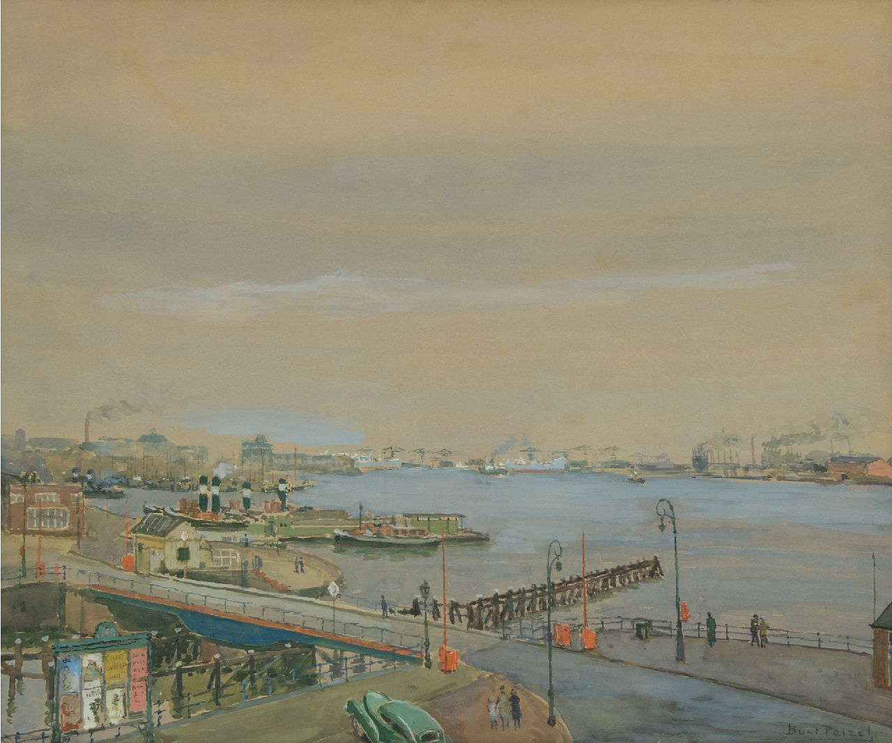 Bart Peizel | A view of the Amsterdam harbor, watercolour on painter's board, 49.1 x 58.8 cm, signed l.r.