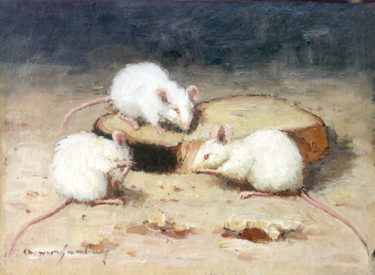 Wassenburg A.  | Arie Wassenburg, White mice, oil on painter's board 14.8 x 20.2 cm, signed l.l.