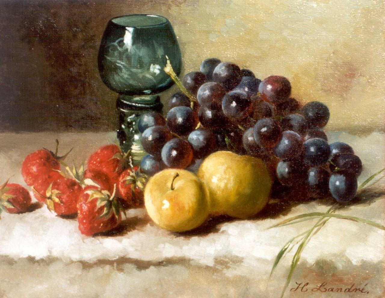 Landré-van der Kellen H.W.  | Hendrika Wilhelmina Landré-van der Kellen, A still life with grapes and strawberries, oil on canvas 25.0 x 31.0 cm, signed l.r.