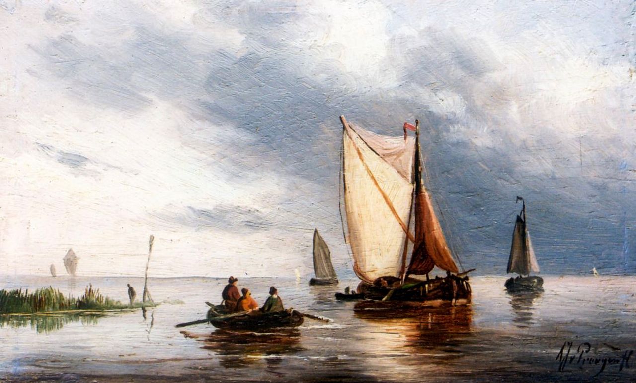 Prooijen A.J. van | Albert Jurardus van Prooijen, Sailing vessels in a calm, oil on panel 15.7 x 25.8 cm, signed l.r.