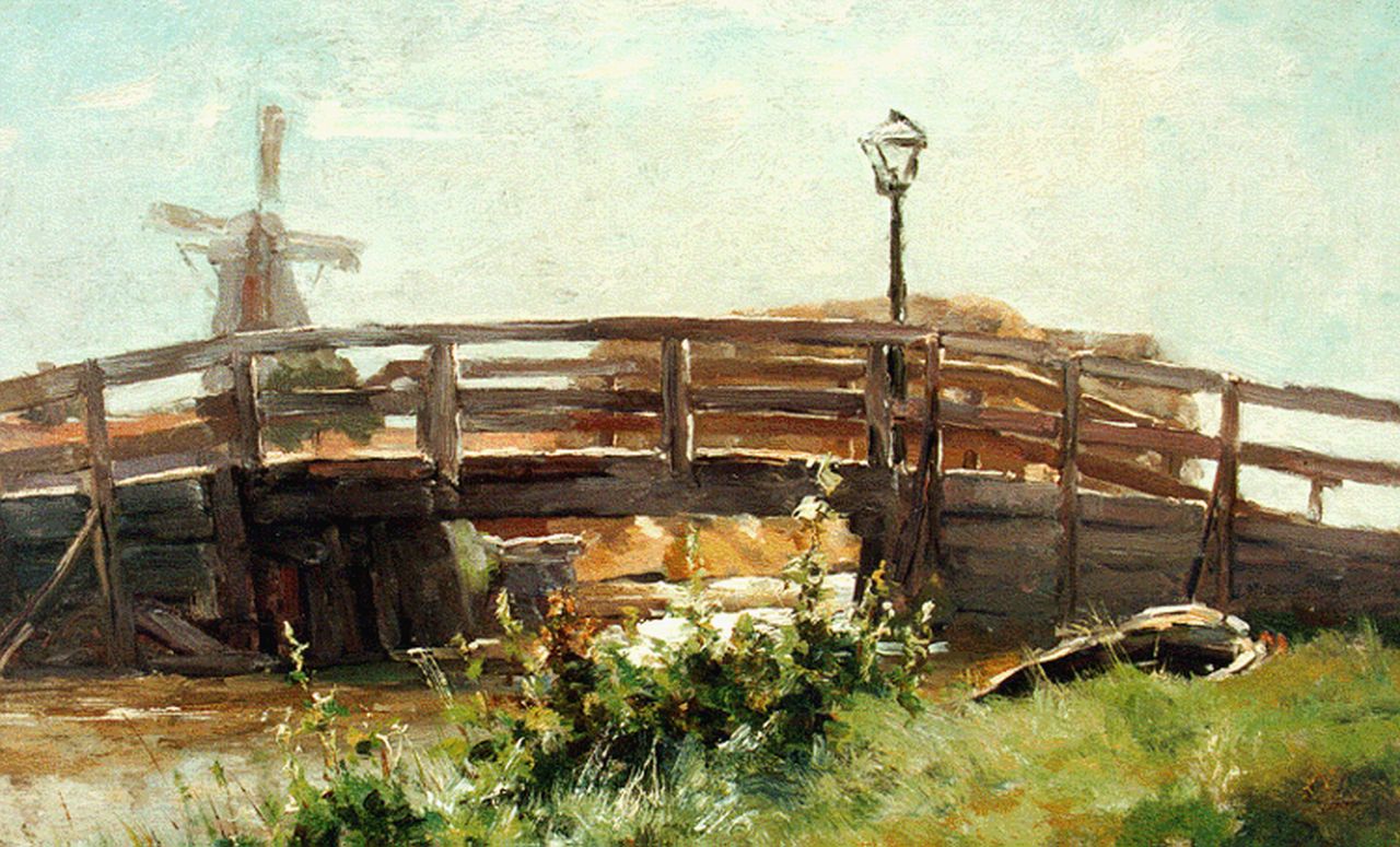 Wijsmuller J.H.  | Jan Hillebrand Wijsmuller, A landscape with bridge, oil on canvas laid down on panel 33.7 x 49.7 cm, signed l.r.