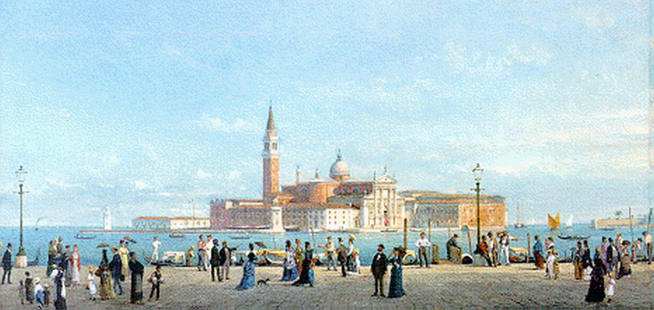 Luigi Querena | The Piazetta in Venice, San Giorgio Maggiore in the distance, oil on canvas, 34.2 x 67.0 cm, signed l.l. and dated 1875