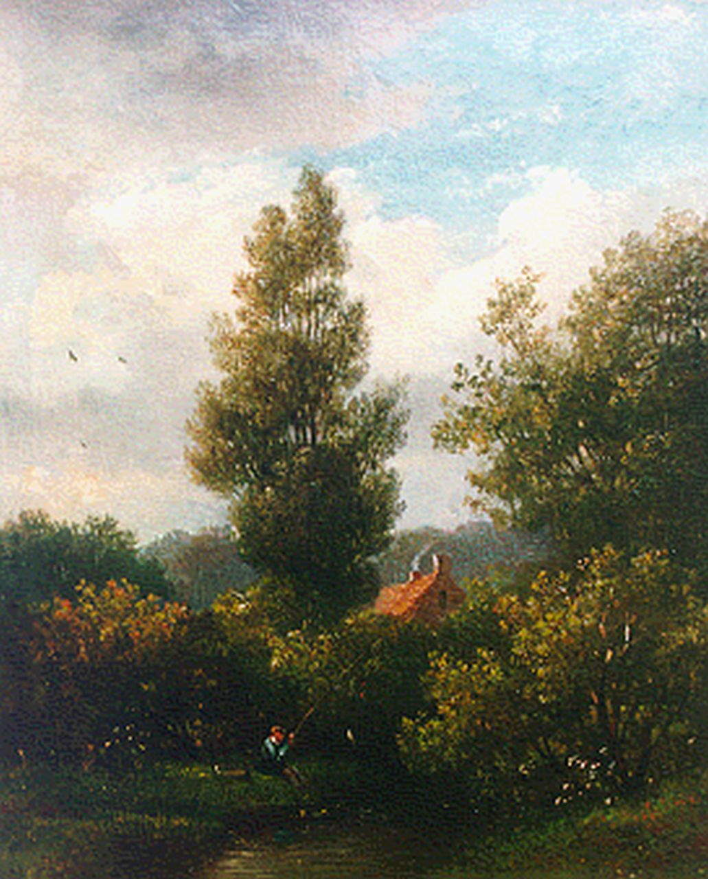 Wisselingh J.P. van | Johannes Pieter van Wisselingh, A fisherman in a wooded landscape, oil on panel 31.7 x 26.2 cm, signed l.r. (traces)