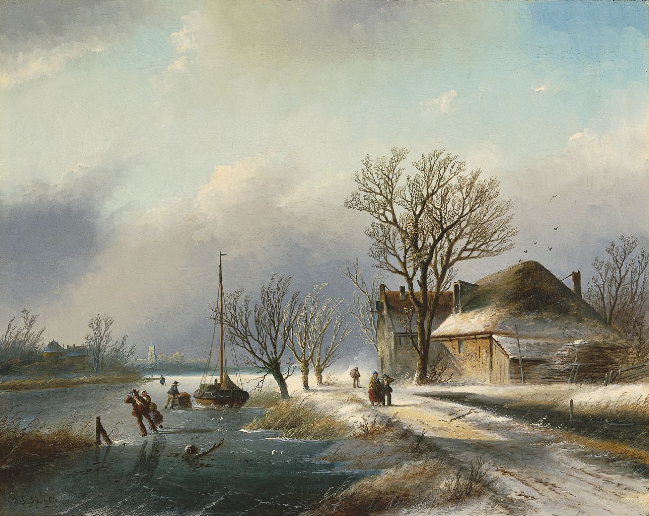 Spohler J.J.C.  | Jacob Jan Coenraad Spohler, A frozen river with skaters, oil on canvas 59.5 x 74.9 cm, signed l.l. with 'J.J. Spohler' and painted ca. 1865