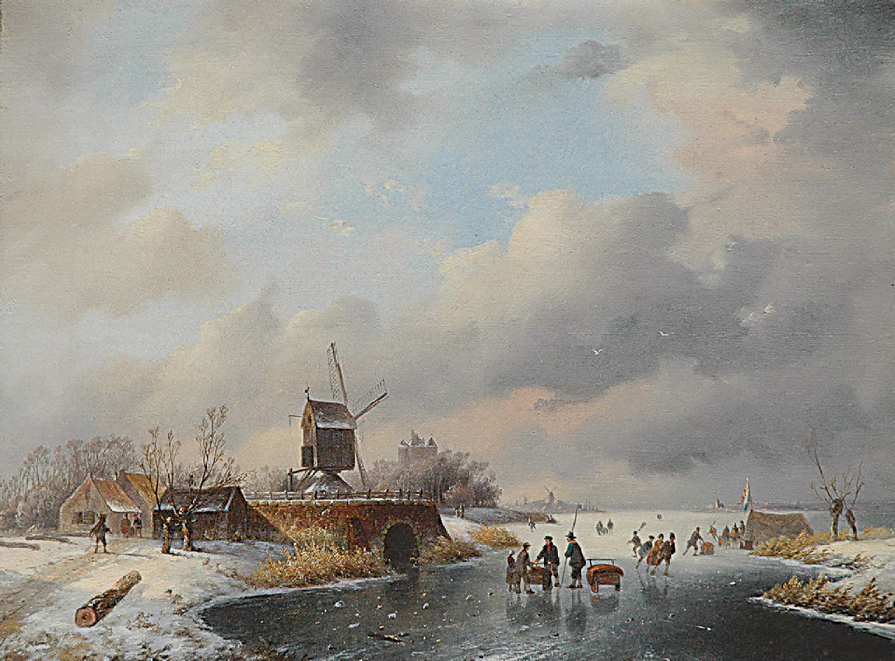 Hoedt J.H.W.  | Jan Hendrik Willem Hoedt, Skaters on ice around a 'koek-en-zopie', oil on canvas 35.9 x 46.7 cm, gesigneerd linksonder met monogram
