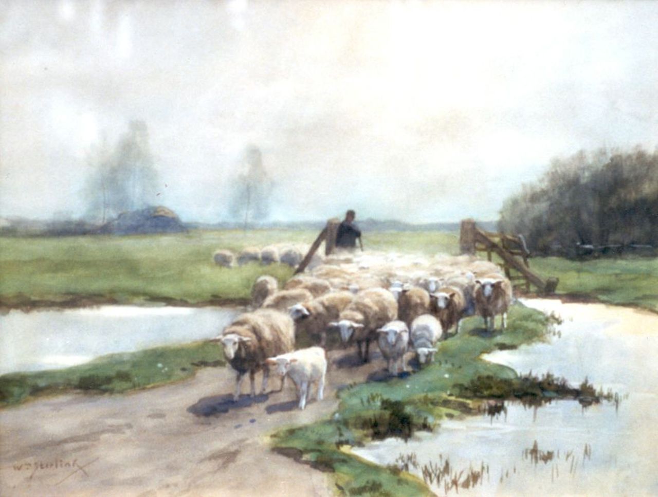 Steelink jr. W.  | Willem Steelink jr., A shepherd and flock, watercolour on paper 30.9 x 40.8 cm, signed l.l.