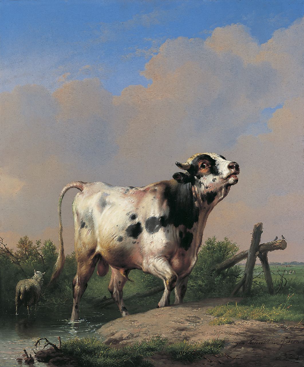 Verboeckhoven E.J.  | Eugène Joseph Verboeckhoven, A bull in a landscape, oil on panel 65.0 x 54.3 cm, signed l.r. and dated 1850