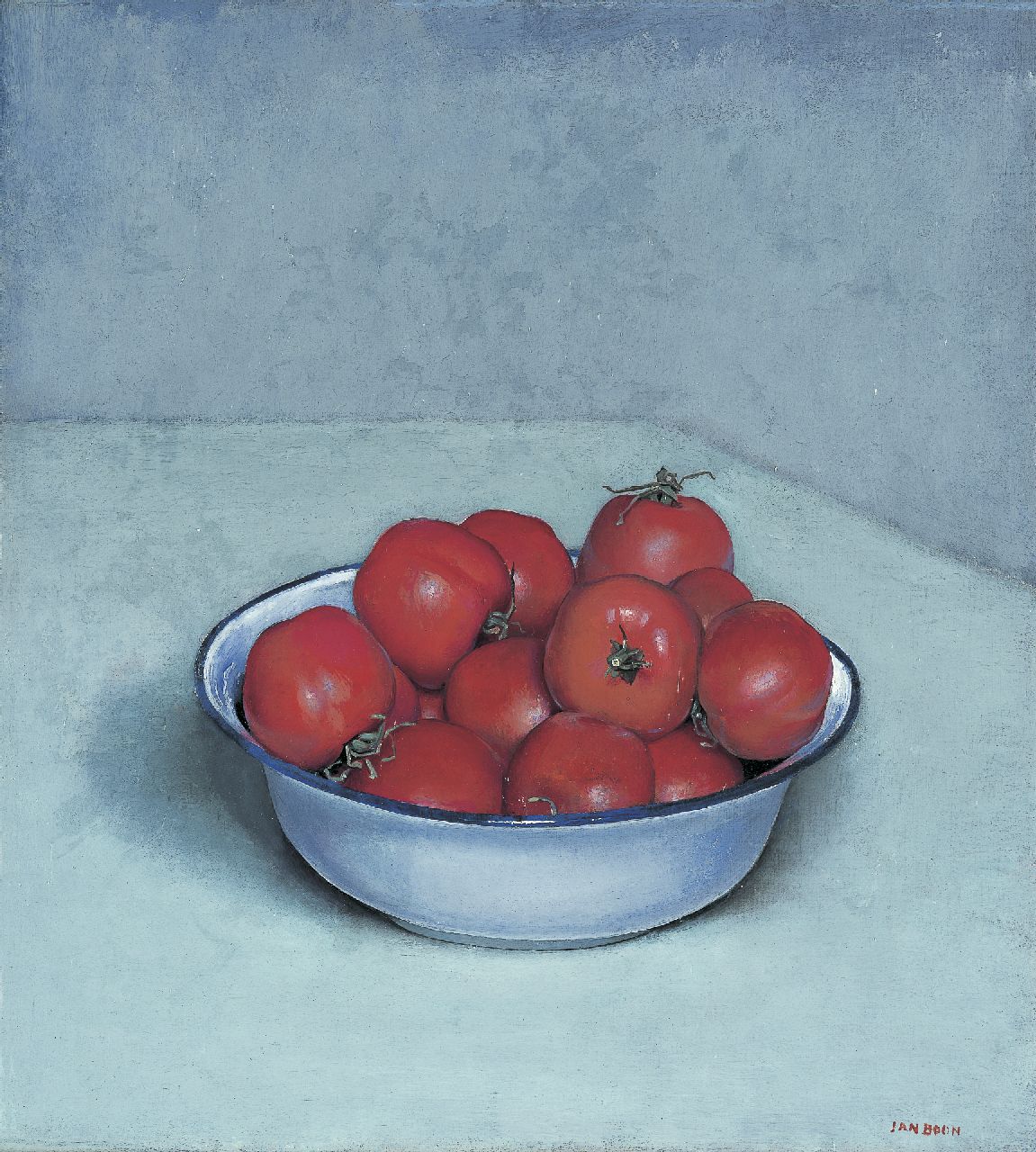 Boon J.  | Jan Boon, Tomatoes in a enamel bowl, oil on canvas 41.1 x 37.3 cm, signed l.r.