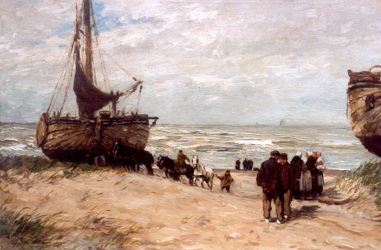 Hambüchen W.  | Wilhelm Hambüchen, 'Bomschuiten' and fisherfolk on the beach of Katwijk, oil on canvas 50.0 x 75.0 cm, signed l.l.