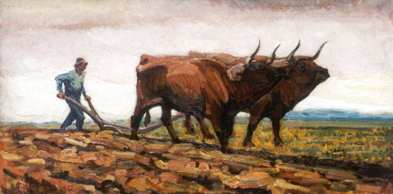 Gouwe A.H.  | Adriaan Herman Gouwe, Ploughing the fields, oil on canvas 43.2 x 85.3 cm, signed l.l. and dated 1922