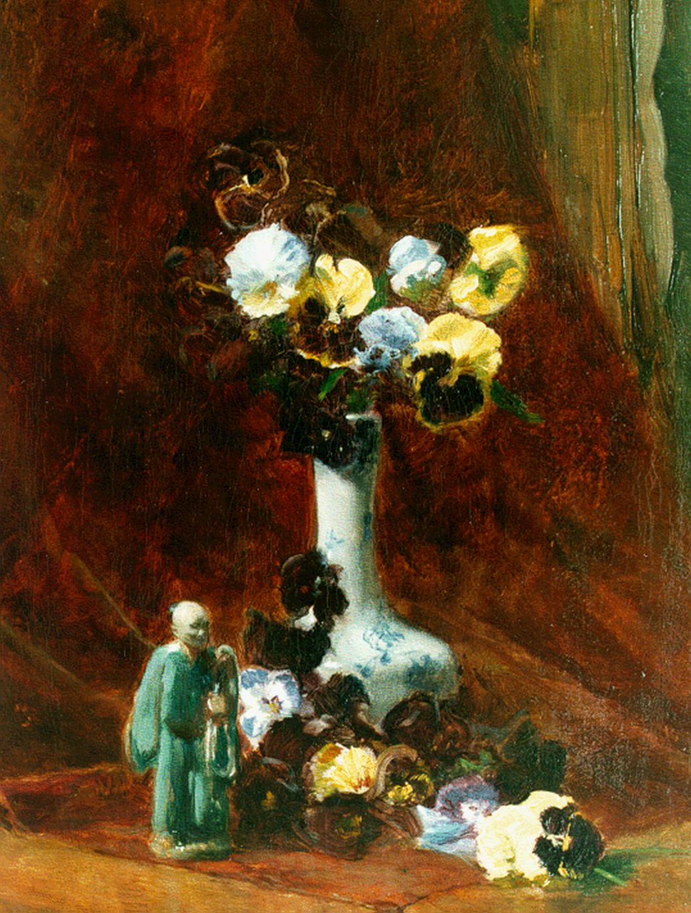 Witkamp jr. E.S.  | Ernest Sigismund 'Ernst' Witkamp jr., A still life with violets and a Japanese statue, oil on canvas 52.0 x 37.0 cm, signed l.r.