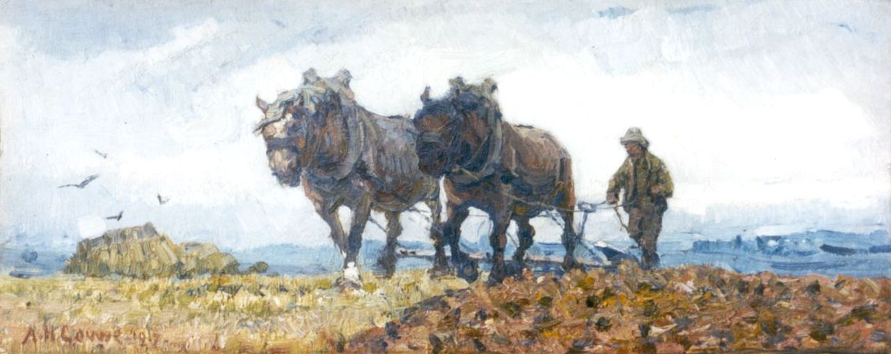 Gouwe A.H.  | Adriaan Herman Gouwe, Ploughing farmer, oil on canvas 13.6 x 33.3 cm, dated 1917