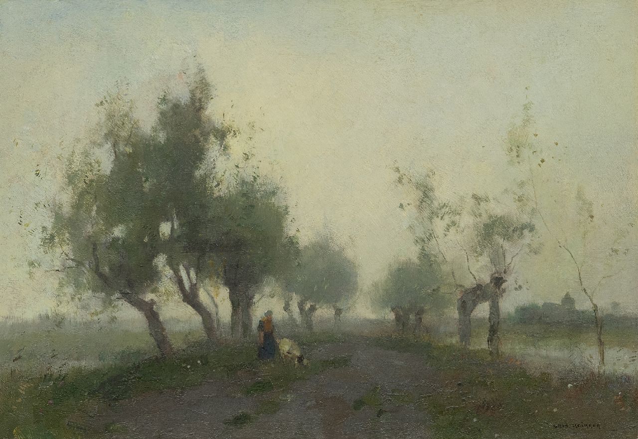 Knikker A.  | Aris Knikker, A country woman with her goat on a path, oil on canvas 30.0 x 43.5 cm, signed l.r.