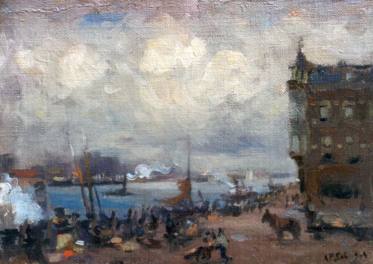 Schotel A.P.  | Anthonie Pieter Schotel, The 'Merwedekade', Dordrecht, oil on canvas laid down on painter's board 16.7 x 24.0 cm, signed l.r.