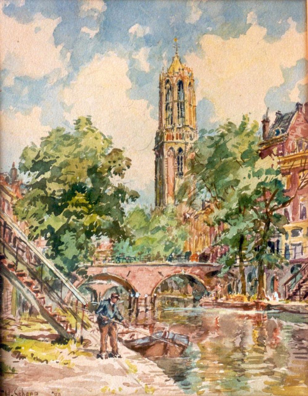Schaap H.  | Hendrik Schaap, A view of the 'Oude Gracht met de Dom', Utrecht, watercolour on paper 31.0 x 24.0 cm, signed l.l. and dated '49