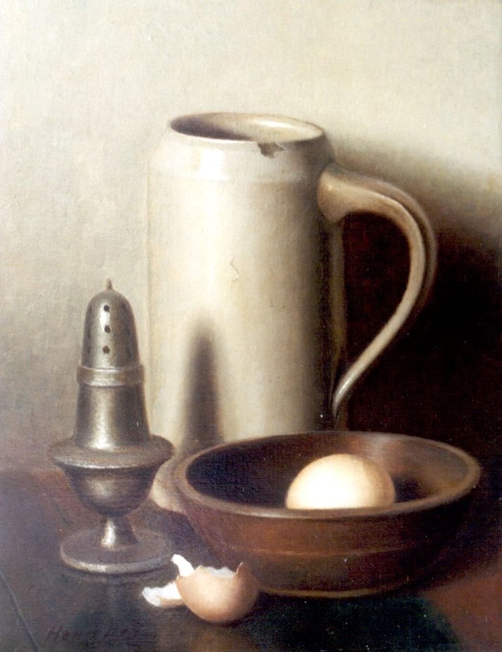 Bos H.  | Hendrik 'Henk' Bos, A still life with a mug and egg, oil on canvas 30.5 x 24.3 cm, signed l.l.