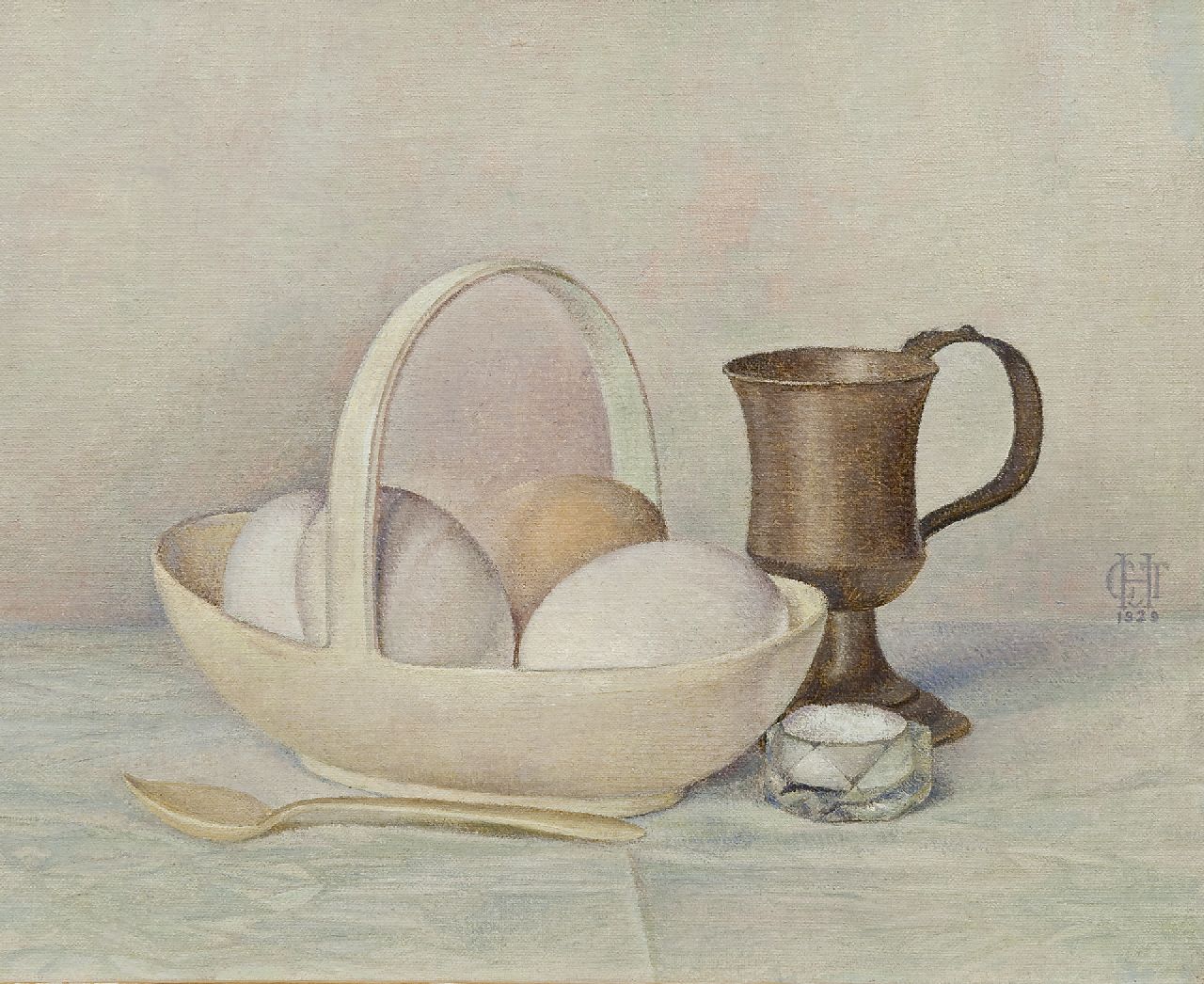 Hettinga Tromp T.G.M. van | Tjitske Geertruida Maria van Hettinga Tromp, Eggs in a Wedgwood bowl, oil on canvas 24.8 x 30.4 cm, signed c.r. with monogram and dated 1929