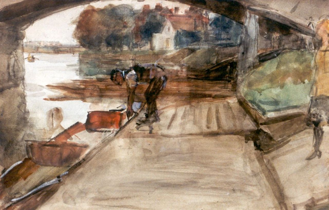 Israels I.L.  | 'Isaac' Lazarus Israels, A man by a rowing boat on the river Thames, watercolour on paper 33.5 x 50.5 cm